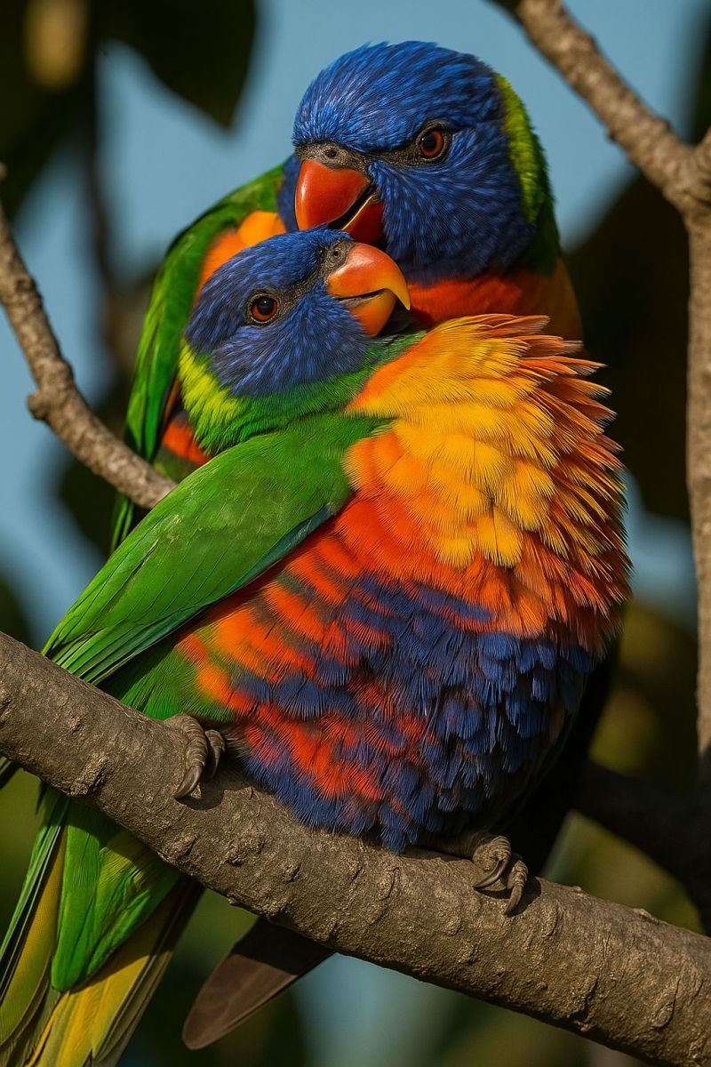 Birds wildlife nature parrots feathers colorful animals outdoors sky trees branches perch companionship love couple beak eyes Two vibrant rainbow lorikeets are perched closely together on a tree branch. The bird on the left has a predominantly blue head with a red beak, while the bird on the right has a mix of blue, orange, and yellow feathers. Their bodies are a blend of green, blue, and orange, with the feathers on their chests and backs showing a gradient of colors. The background is a clear blue sky, and the tree branch they are sitting on is brown with visible bark texture.
