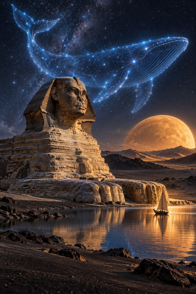Sphinx desert nuit lune eau bateau reflet ciel etoiles baleine architecture ancienne astronomie calme culture egypte histoire sculpture L'image représente le Grand Sphinx de Gizeh, une statue monumentale sculptée dans un seul bloc de calcaire, située dans la nécropole de Gizeh en Égypte. Le sphinx a une tête humaine et un corps de lion, et il est placé devant un plan d'eau serein, peut-être un lac ou une rivière. L'eau reflète le ciel et le paysage environnant, créant un effet miroir. En arrière-plan, une grande lune rougeoyante ajoute une touche mystique à la scène. Au-dessus du Sphinx, une baleine rougeoyante est représentée dans le ciel nocturne, entourée d'une constellation d'étoiles. Le ciel est sombre et la Voie lactée est faiblement visible, ce qui contribue à l'atmosphère éthérée de l'image.