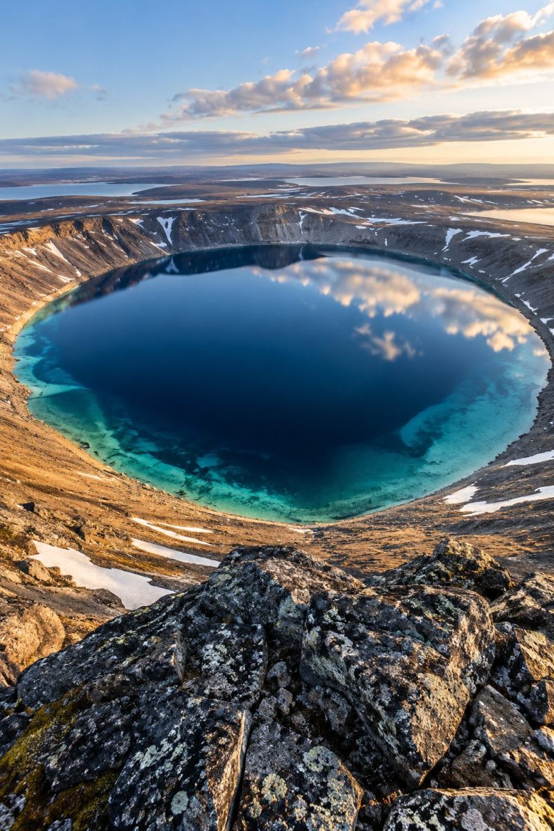 Lake sky water reflection mountain clouds sunset horizon rock nature snow ice glacier An aerial view of a large, circular lake surrounded by rocky terrain. The lake's water is a deep blue color, reflecting the sky and clouds above. The surrounding rocks are covered in moss and lichen, and the ground is rocky with patches of snow. The sky is blue with some clouds, and the sun is setting, casting a warm glow on the landscape.