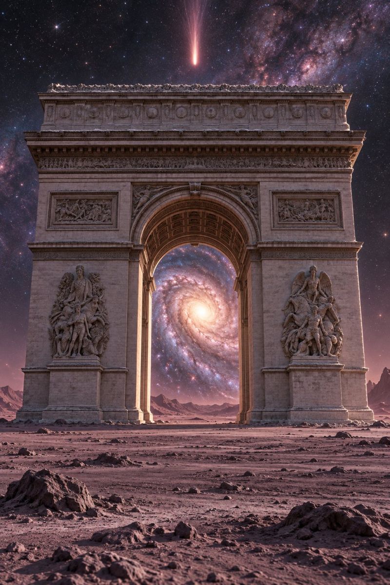 Architecture astronomy cosmos desert galaxy history imagination landmark mars monument night planet sculpture space star structure universe outer The image features the Arc de Triomphe du Carrousel, a monumental arch located in Paris, France. The arch is depicted in a desert landscape, with a surreal night sky in the background. The sky is filled with stars and a galaxy, creating a cosmic backdrop. A comet streaks across the sky, adding to the dramatic effect. The arch itself is adorned with intricate carvings and sculptures, including a central arch with a spiral galaxy visible through it. The desert floor is rocky and barren, with scattered stones and a sense of vastness. The overall scene combines elements of architecture, nature, and the cosmos, creating a striking and imaginative composition.
