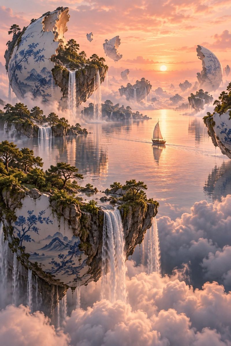 Water cloud sky sun sunlight reflection boat island rock tree mountain waterfall nature fantasy imagination Dans ce paysage surréaliste, un voilier survole une mer de nuages, tandis que le soleil se couche au loin, projetant une lueur chaleureuse. La scène met en scène des îles flottantes ornées de cascades et d'une végétation luxuriante, chaque île ressemblant à une coquille d'oeuf fissurée avec des motifs complexes bleus et blancs. Le ciel est un mélange de rose pâle et de gris, avec des nuages épars qui ajoutent de la profondeur. L'eau en contrebas reflète les couleurs vives du soleil couchant et des îles environnantes