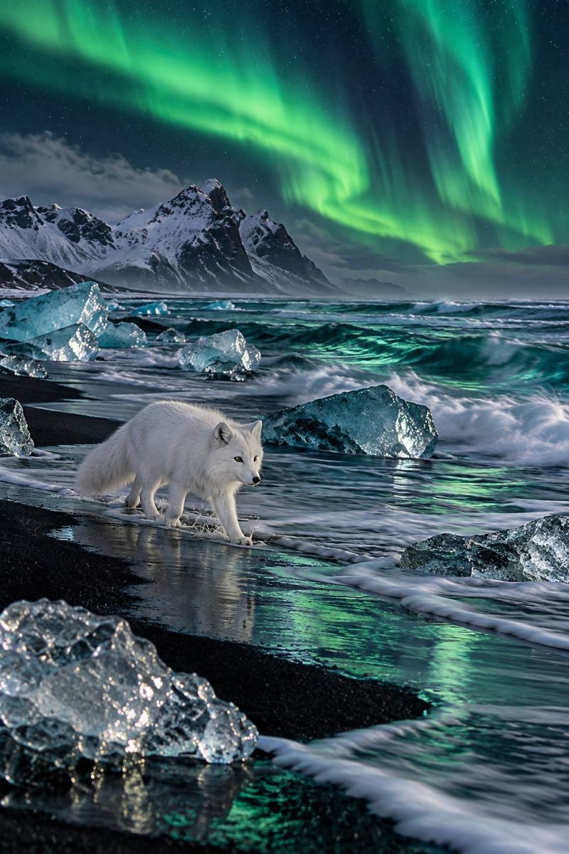 Iceland icebergs wildlife nature ocean waves reflection mountains snow cold winter travel aurora borealis northern polar night sand beach arctic fox A white arctic fox walks along a black sand beach with icebergs floating in the water. The waves are green and white, and the sky is dark with green auroras. In the distance, there are snow-covered mountains.