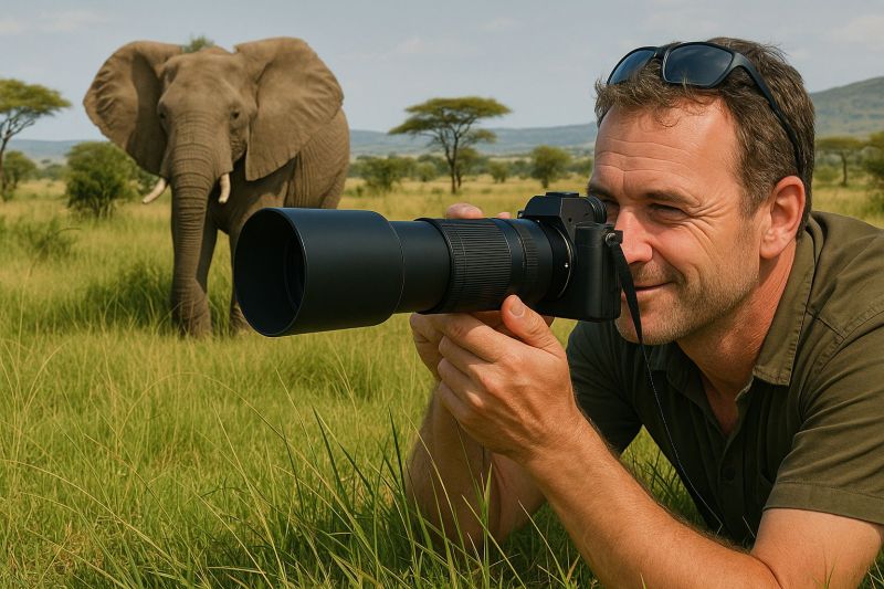 Elephant camera wildlife safari nature adventure outdoors grass sunglasses photographer animal tree mountain hill sky A man is lying on the grass, holding a camera with a large lens, and smiling. He is wearing a green shirt and has sunglasses on his head. Behind him, there is a large elephant standing in the grass. The elephant has a long trunk and large ears. The background features a grassy plain with trees and mountains in the distance. The sky is clear and blue.