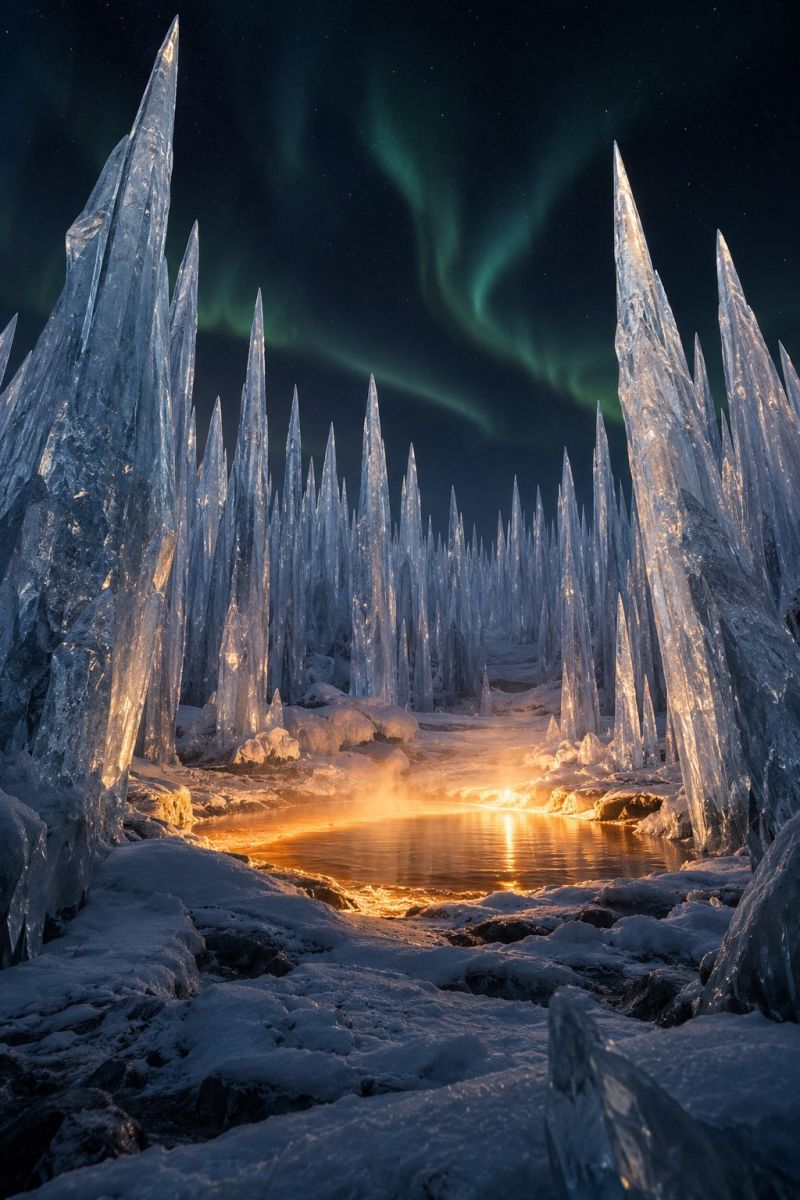 Glace cristal aurore nuit ciel eau reflet lac hiver froid gele nature air beaute lueur obscurite neige iceberg Au premier plan, de grands pics de glace pointus émergent de la neige et reflètent la douce lumière du soleil couchant. Les pointes de glace sont transparentes et ont une surface lisse et polie. Le ciel au-dessus est sombre et une aurore boréale d'un vert éclatant danse dessus, projetant une lueur mystique sur le paysage glacé. Les couleurs de l'aurore sont vives et créent une atmosphère surréaliste et magique. Les pointes de glace sont disposées selon un motif circulaire, créant un tunnel de glace naturel menant à un petit bassin d'eau réfléchissant au centre. L'eau est calme et calme, reflétant les couleurs des aurores boréales et de la glace environnante. La neige est blanche et recouvre le sol, ce qui contribue au cadre hivernal et serein.