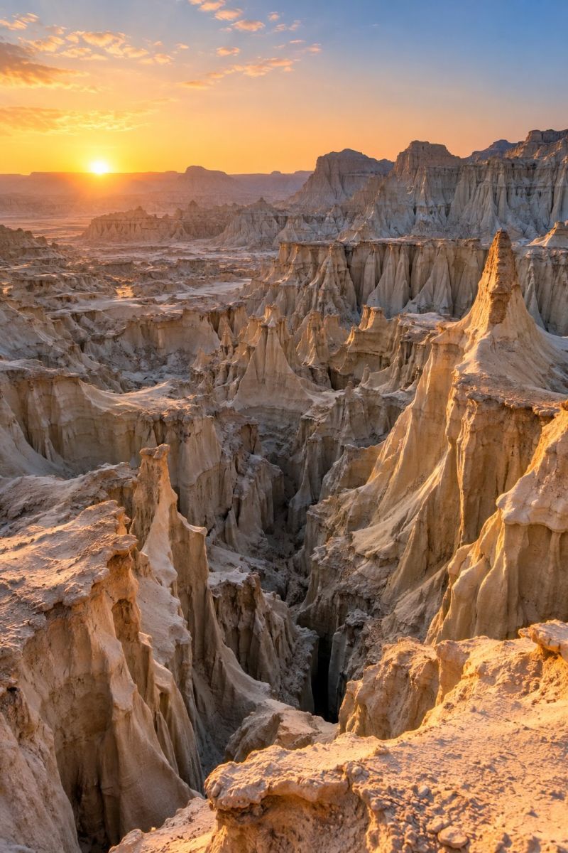 Desert sunset sky mountains valley canyon geology nature outdoors scenery sunrise cliffs rocks erosion weathering sandstone sand dust rock formations The image captures a breathtaking desert landscape at sunset. The sky is a gradient of warm oranges and soft pinks, with the sun setting on the horizon, casting a golden hue over the rugged terrain. The desert is filled with jagged rock formations, some of which are tall and narrow, resembling natural pillars. The rocks are a mix of light and dark browns, with some areas showing signs of erosion. The ground is covered in loose sand and small stones, and the shadows of the rocks create a dramatic effect. The overall scene is serene and majestic, with the vastness of the desert and the beauty of the sunset creating a sense of awe.