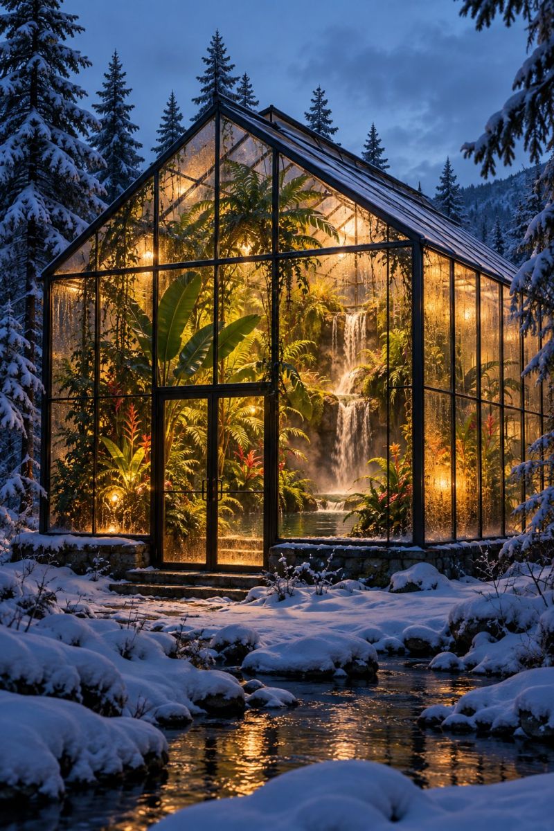 Greenhouse plants waterfall snow trees night reflection water stream rocks mountains sky clouds glass architecture nature winter exterior A greenhouse with a glass roof and walls stands in a snowy landscape. Inside, lush tropical plants and a waterfall create a serene, illuminated environment. The greenhouse is surrounded by snow-covered rocks and trees, with a small stream flowing nearby. The scene is bathed in a warm, golden light, contrasting with the cool, snowy surroundings.