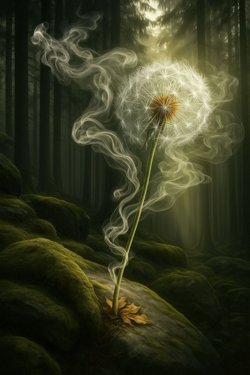 Foret fumee pissenlit nature fantaisie magie mystique onirique ethere lueur arbres rochers mousse fleur sauvage imagination surrealisme Dans une forêt dense, un pissenlit se démarque avec sa tête lumineuse et duveteuse entourée de filaments de fumée. La tête du pissenlit est pleine de graines, et sa tige est longue et élancée, s'élevant d'un lit de rochers recouverts de mousse. La fumée émane de la base du pissenlit, s'enroulant et tourbillonnant autour de lui. La forêt est sombre et remplie de grands arbres, avec une lumière douce et diffuse filtrant à travers la canopée, projetant une douce lueur sur la scène. Le fond est un mélange de verts profonds et de bruns, créant une atmosphère mystique et enchanteresse.