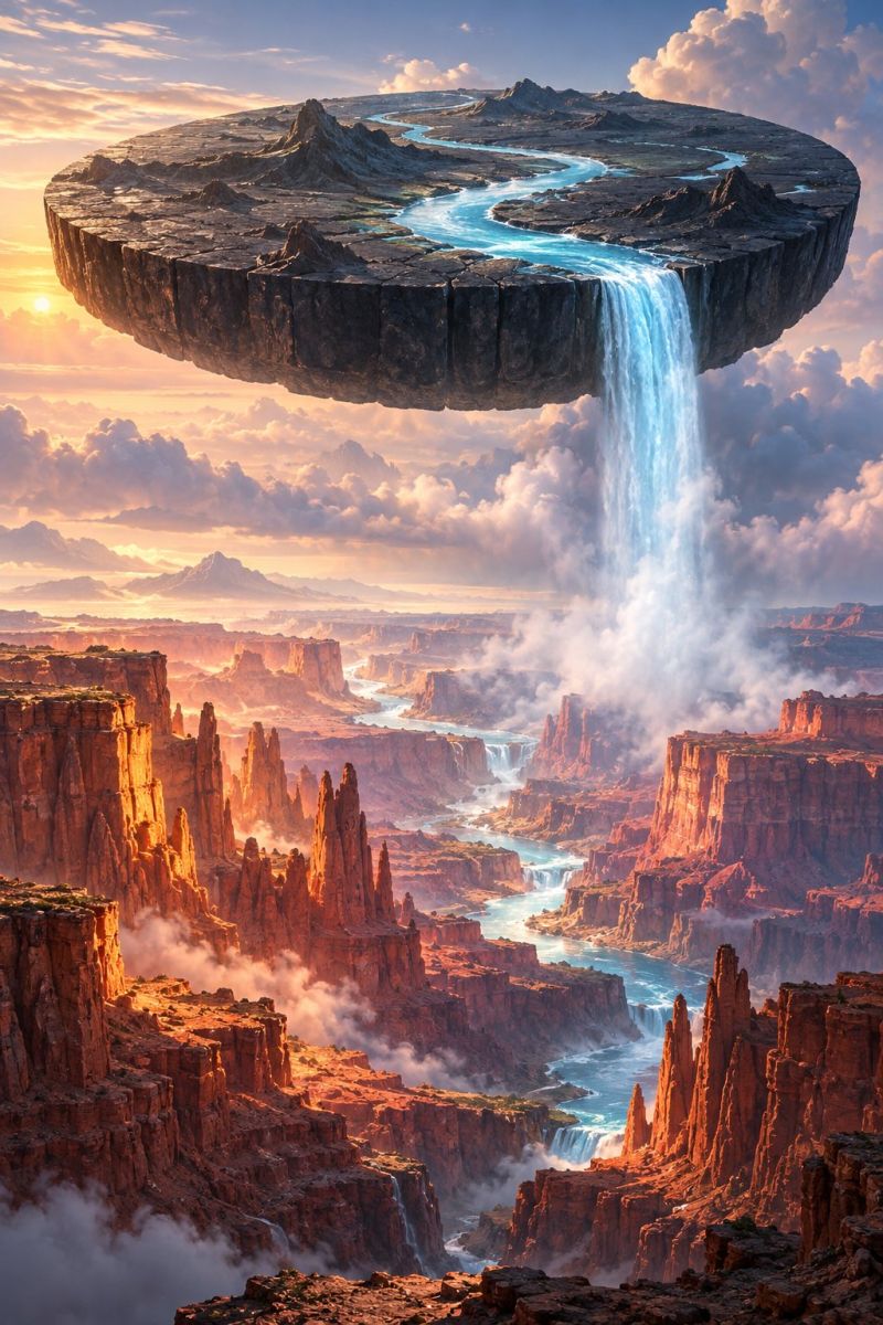 Montagne eau ciel nuage rocher riviere cascade soleil coucher horizon brouillard brume nature une masse terrestre circulaire flottante est suspendue dans le ciel au-dessus d'un vaste paysage de canyons. La masse continentale est traversée par une rivière qui tombe en cascade dans le canyon situé en contrebas. Le ciel est rempli de nuages et le soleil se couche, projetant une lueur chaude sur la scène. Les parois du canyon sont abruptes et rocheuses, traversées par une rivière d'un bleu profond. La scène générale est surréaliste et onirique, avec un mélange d'éléments naturels et fantastiques.