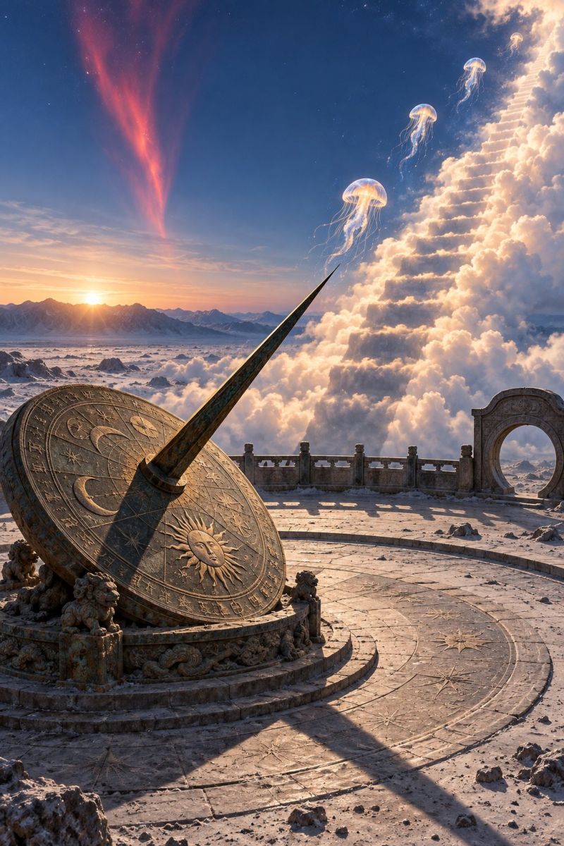 Cadran solaire soleil ciel nuages montagnes coucher meduses lever rayon coup tournesol tournesols champ grand cadran solaire orné situé sur une plate-forme circulaire dans une zone ouverte et surélevée. Le cadran solaire a une face circulaire avec divers symboles, dont un soleil et une lune, et un gnomon long et pointu qui projette une ombre sur la plate-forme. Trois méduses flottent gracieusement dans le ciel au-dessus du cadran solaire, et une méduse est positionnée directement au-dessus du gnomon. Le ciel est un mélange de teintes bleues et oranges, indiquant le lever ou le coucher du soleil. En arrière-plan, des montagnes et une vaste étendue de nuages créent une atmosphère sereine et surnaturelle.