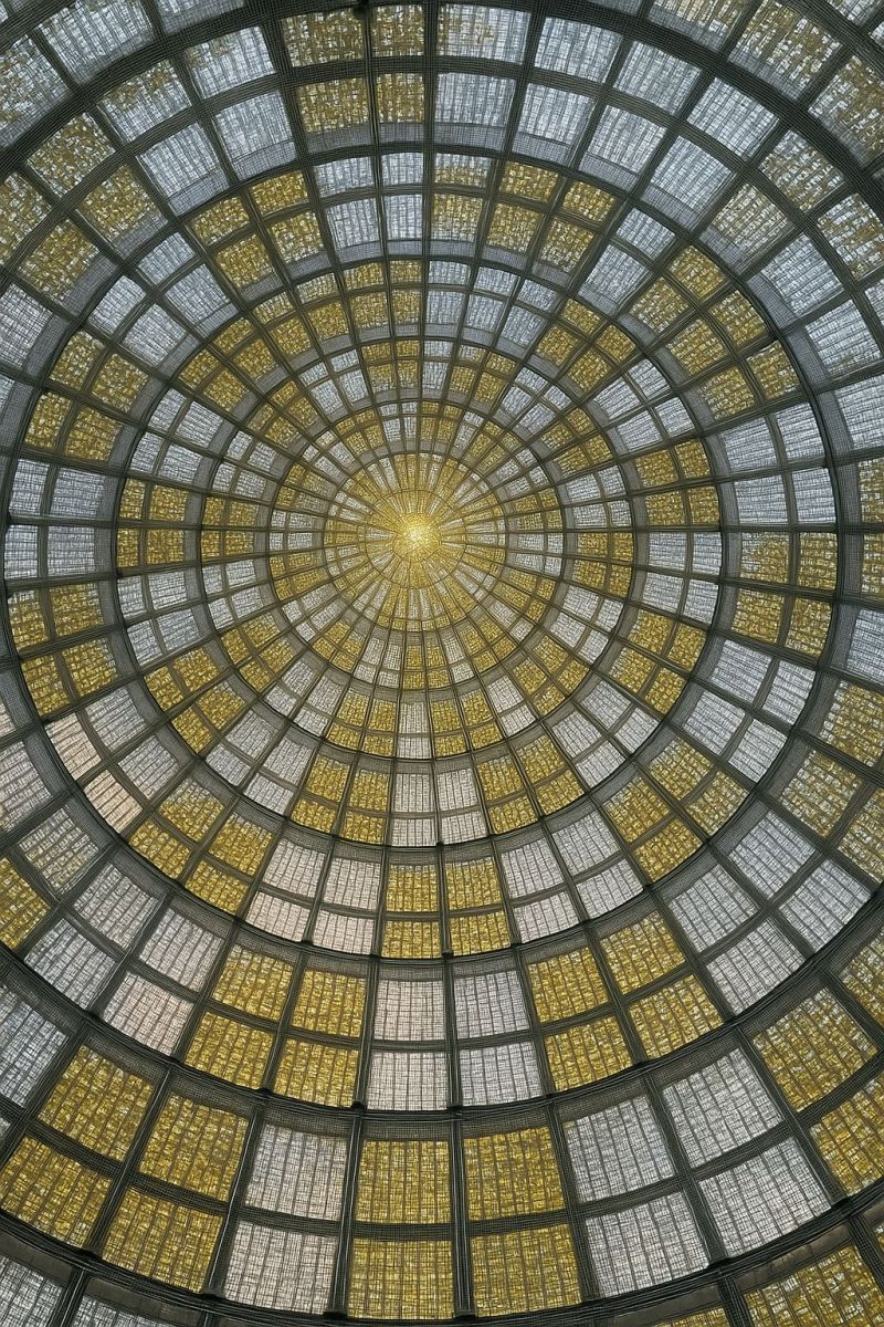 Dome ceiling architecture glass pattern design structure building interior space reflection sunlight modern geometric contemporary circular, domed ceiling with a golden and white pattern. The dome is composed of numerous small, square-shaped tiles arranged in a spiral pattern, radiating outward from a central point. The tiles are primarily white with golden accents, creating a shimmering effect. The central area of the dome is a bright, circular light source, possibly from a skylight or a lamp, illuminating the entire space. The overall design is intricate and symmetrical, with the tiles creating a visually striking and elegant pattern.