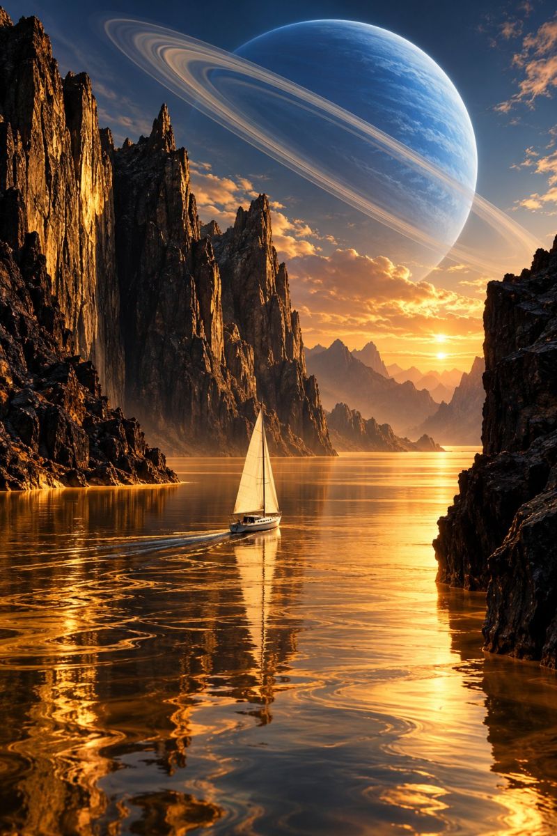 Espace planete coucher soleil eau bateau reflet ciel montagne rocher nuage horizon mer nature beaute Un voilier glisse sur un plan d'eau serein, reflétant les teintes dorées du soleil couchant. L'eau est calme, avec de légères ondulations. À l'arrière-plan, une planète massive aux anneaux proéminents orbite, projetant une douce lueur sur le paysage rocheux environnant. Le ciel est un mélange de bleu et d'orange, avec des nuages éparpillés sur toute la planète. La scène est encadrée par des falaises déchiquetées de chaque côté, ce qui ajoute au sentiment d'isolement et d'émerveillement.