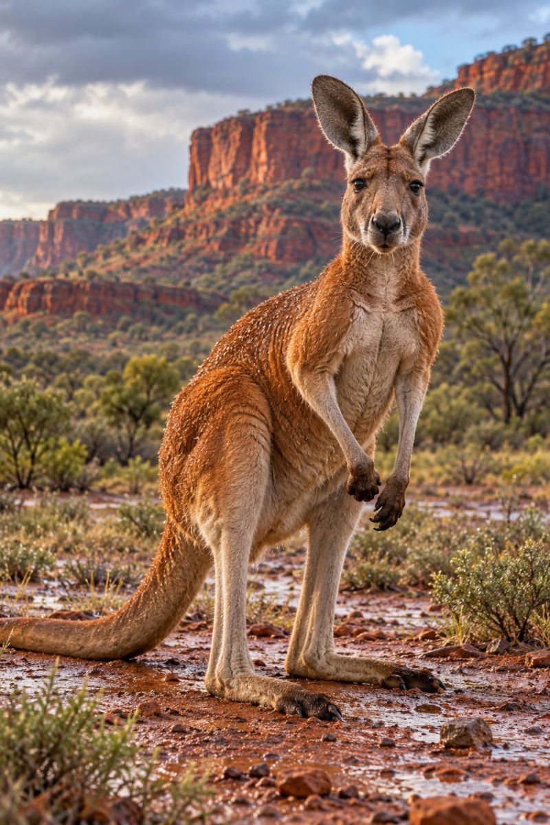 Kangaroo wildlife australia outdoors nature mammal animal desert mountain bush bushland bushwalking australian A kangaroo stands in a muddy area with its front paws raised, facing left. The kangaroo has a brown coat with a white underbelly and a long, powerful tail. Behind it, there are rocky hills with sparse vegetation, and the sky is partly cloudy. The ground is wet, and there are small plants and rocks around the kangaroo.