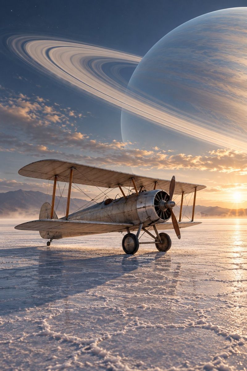 Sky sun cloud sunset horizon mountain ice water wheel propeller wing cockpit fuselage tail shadow reflection atmosphere space landing gear An old-fashioned biplane with a propeller is parked on a snowy, icy surface. The plane has a classic design with a large, open cockpit and a tail section. The sky is clear with a few clouds, and the sun is setting on the horizon, casting a warm glow on the snowy ground. In the background, there is a large planet with rings, resembling Saturn, adding a surreal and imaginative touch to the scene.