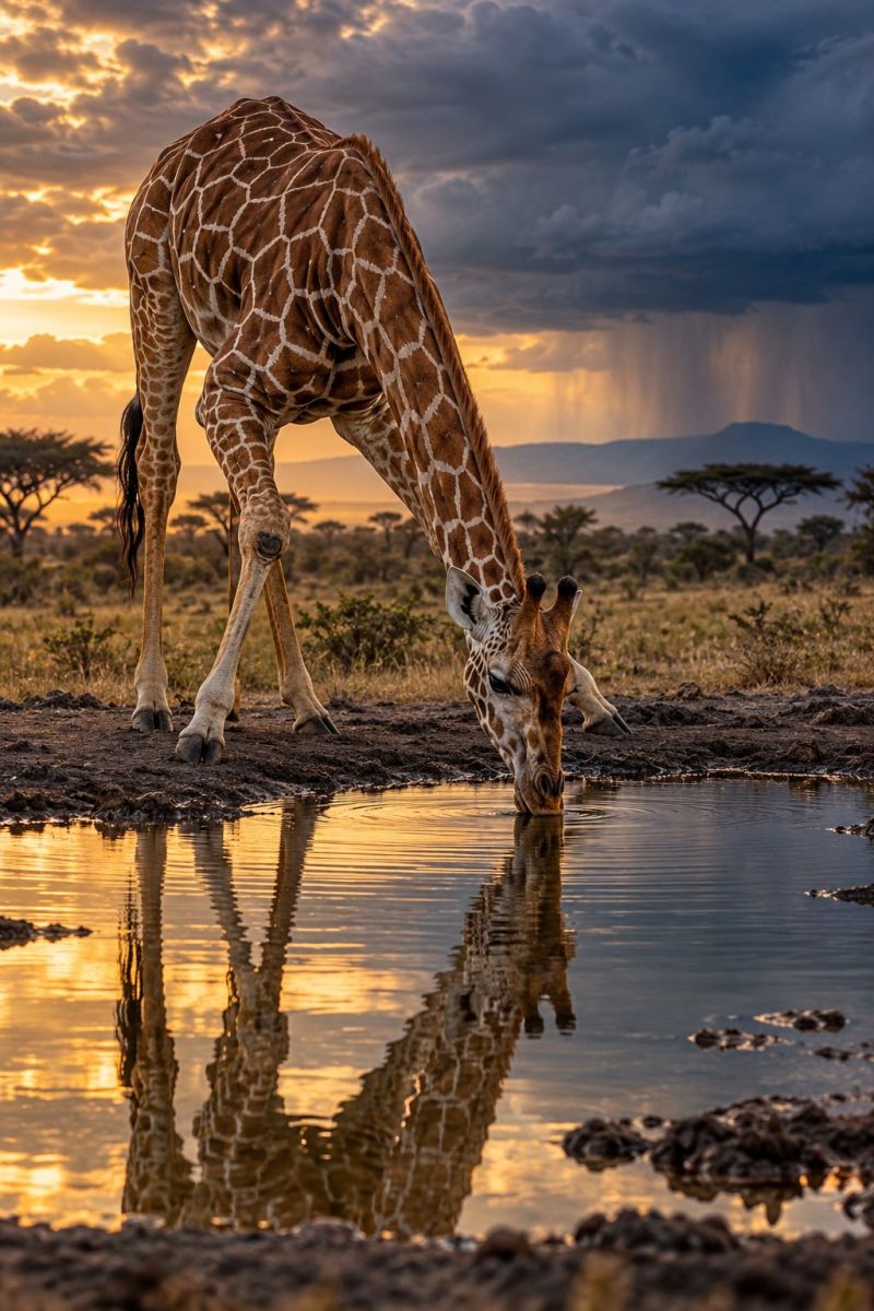 Girafe boisson eau reflexion faune savane nature animal mammifere lever soleil nuages pluie tempete herbe arbres montagnes horizon Une girafe boit l'eau d'un petit étang dans une savane herbeuse. Le reflet de la girafe est visible dans l'eau et son ombre tombe sur le sol. Le ciel est nuageux et les rayons du soleil brillent à travers les nuages, projetant une lueur chaleureuse sur la girafe et ses environs. Au loin, il y a des arbres et des montagnes, et le sol est recouvert d'herbe sèche.