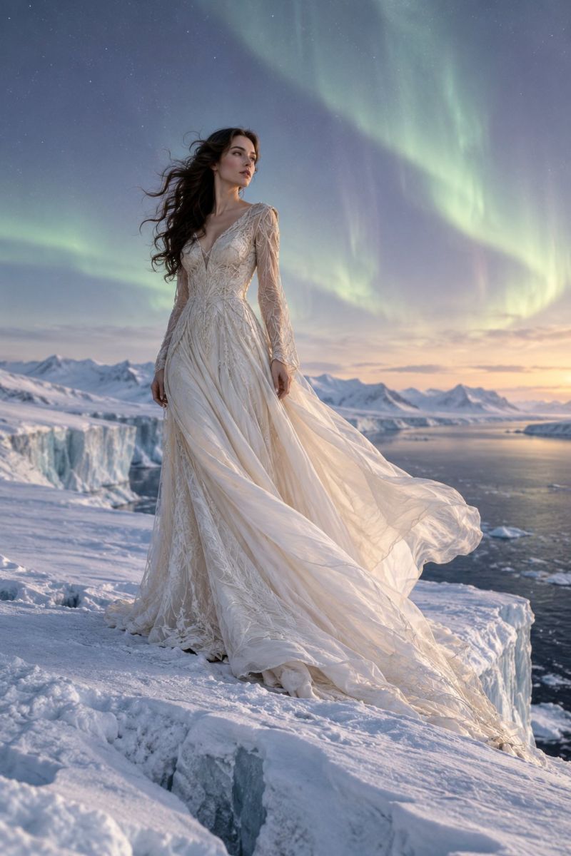Mariee mariage robe islande glacier montagne neige nuit ciel etoile coucher soleil beaute elegance mode hiver aurore boreale nordique Une femme se tient debout sur une falaise enneigée, ses longs cheveux coulant librement, vêtue d'une robe de mariée blanche à manches longues et à encolure en V. La robe est ornée de détails en dentelle complexes et d'une jupe fluide. Elle regarde vers la droite, posant peut-être pour une photo. Derrière elle, le ciel se pare des couleurs éclatantes des aurores boréales, projetant une lueur magique sur le paysage enneigé. Au loin, des montagnes et une mer sereine sont visibles, le soleil se couchant à l'horizon, créant une scène romantique à couper le souffle.