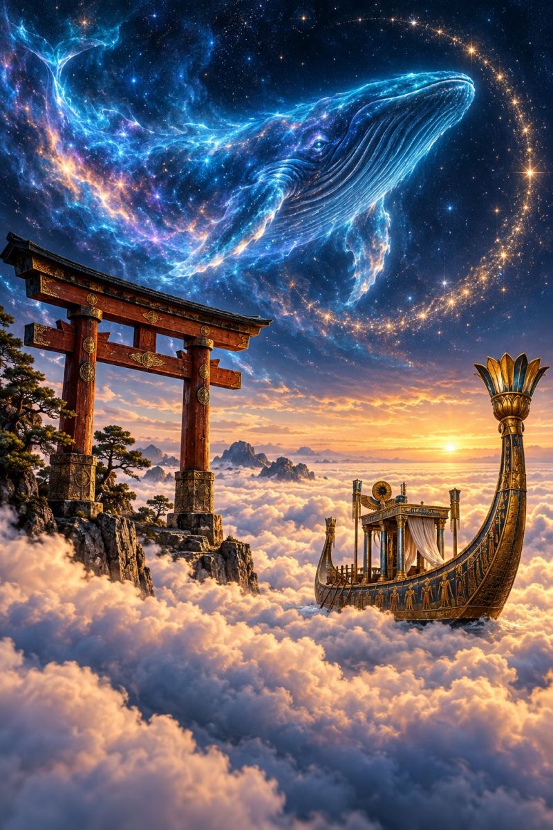 Boat bridge cloud clouds fantasy golden world ship structure torii gate mountain sunset majestic scene with a golden boat floating on clouds, adorned with intricate designs and a canopy. To the left, a traditional Japanese Torii gate stands on a rocky cliff, surrounded by trees and mountains. Above, a large blue whale swims gracefully through a starry sky filled with nebulae and stars. The sky transitions from the deep blue of space to the warm hues of a sunset, creating a surreal and mystical atmosphere.