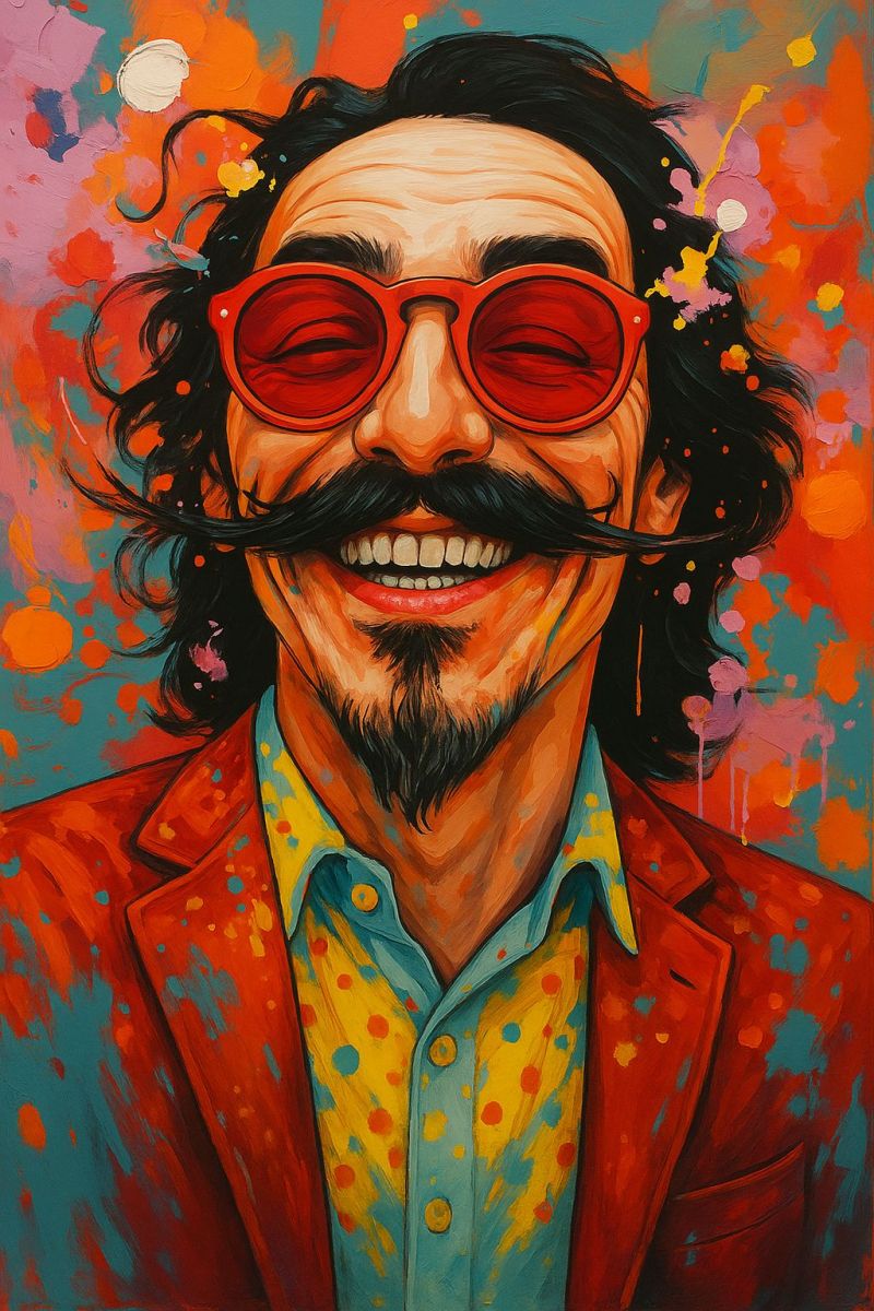 Man glasses mustache beard smile painting colorful red yellow blue orange pink splash texture fashion The painting depicts a man with long, wavy black hair and a thick, bushy mustache. He is wearing a red jacket over a yellow and blue polka-dot shirt. His face is turned slightly to the side, and he is smiling broadly, revealing his teeth. He has on a pair of red-framed glasses. The background is a vibrant mix of orange, pink, and blue colors with splashes and splatters of paint, giving the impression of a dynamic and lively setting.