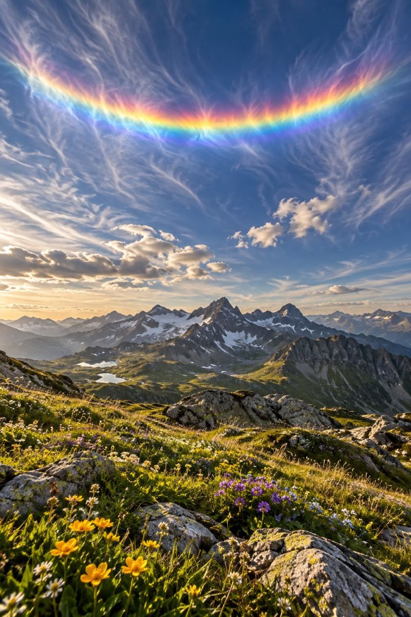 Montagnes ciel arc nuages nature herbe fleurs rochers soleil coucher horizon eau arbres collines vallee prairie neige brouillard brume Un paysage à couper le souffle présente un arc-en-ciel vibrant qui se cambre gracieusement sur un ciel bleu clair, avec des nuages vaporeux qui ajoutent de la texture. En contrebas, une prairie luxuriante remplie de fleurs sauvages colorées, dont des fleurs jaunes et violettes, s'étend sur un terrain rocheux. En arrière-plan, de majestueuses montagnes enneigées se dressent, leurs sommets baignés par la douce lueur du soleil couchant, projetant une teinte dorée sur l'ensemble de la scène.