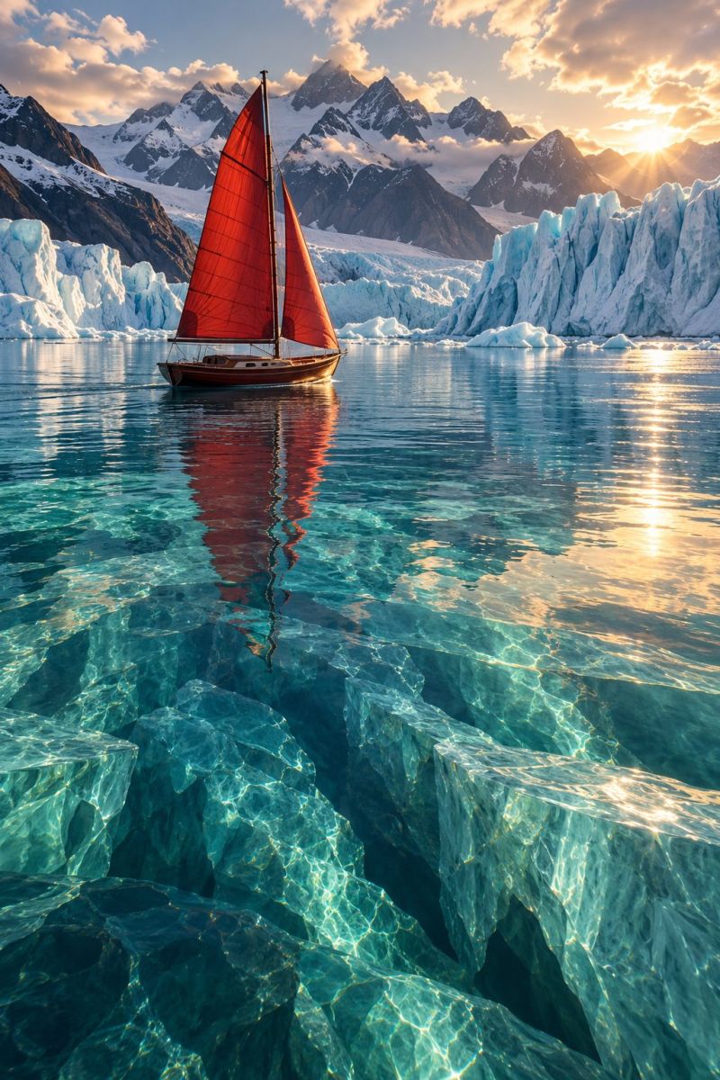 Bateau eau voile reflexion glace ocean ciel montagne glacier coucher soleil mer nature nuages horizon rocher voyage Un voilier à voile rouge navigue sur une mer bleue calme et limpide. L'eau reflète le ciel et le voilier. Des icebergs flottent sur la mer. Derrière le voilier, il y a un grand glacier avec une chaîne de montagnes en arrière-plan. Le soleil se couche, projetant une lueur chaleureuse sur la scène.
