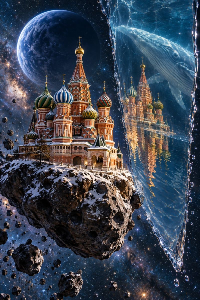 Architecture astronomy building castle city concept design fantasy fictional futuristic imagination modern planet space outer science fiction surreal scene with a large, ornate building resembling the St. Basil's Cathedral in Moscow, floating on a large rock in space. The building is adorned with colorful domes and spires, and it appears to be covered in snow. The rock it sits on is jagged and dark, with smaller rocks and debris scattered around it. In the background, there is a large, dark planet with a galaxy visible in the distance. The scene is framed by a large, transparent bubble that seems to be filled with water, with droplets falling from it. The overall effect is one of a fantastical, otherworldly landscape.