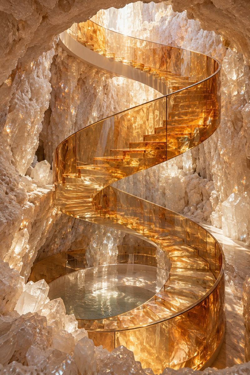 Staircase interior design architecture modern spiral glass crystal mineral cave underground reflection water pool luxury hotel spa wellness resort A spiral staircase made of glass is situated within a cave-like structure. The staircase is golden in color and has a reflective surface, giving it a shimmering appearance. The cave walls are adorned with white and clear crystals, adding to the mystical ambiance. The staircase spirals down to a circular platform, which appears to be a water feature, possibly a pool or a fountain. The water is clear and reflects the surrounding crystals, creating a mesmerizing effect. The overall scene is bathed in natural light, enhancing the beauty of the golden staircase and the crystal-encrusted cave walls.