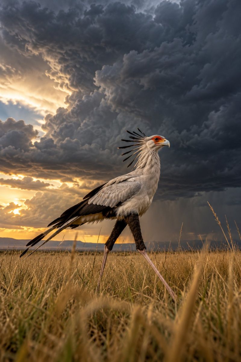Oiseau aigle plumes herbe nature air predateur ciel tempete soleil coucher grand sauvage faune aile jaune Dans un vaste champ ouvert, un oiseau impressionnant à l'apparence distinctive se détache sur fond de ciel spectaculaire. L'oiseau est un oiseau secrétaire, identifiable à ses longues pattes, à son plumage gris et blanc et à une crête de plumes sur la tête. Ses yeux sont rouge vif et son bec est long et pointu. Le ciel au-dessus est un mélange de nuages sombres et profonds et de taches de soleil éclatant, créant un contraste saisissant. Le terrain est recouvert de hautes herbes sèches et la scène d'ensemble capture un moment de beauté naturelle et d'intensité.