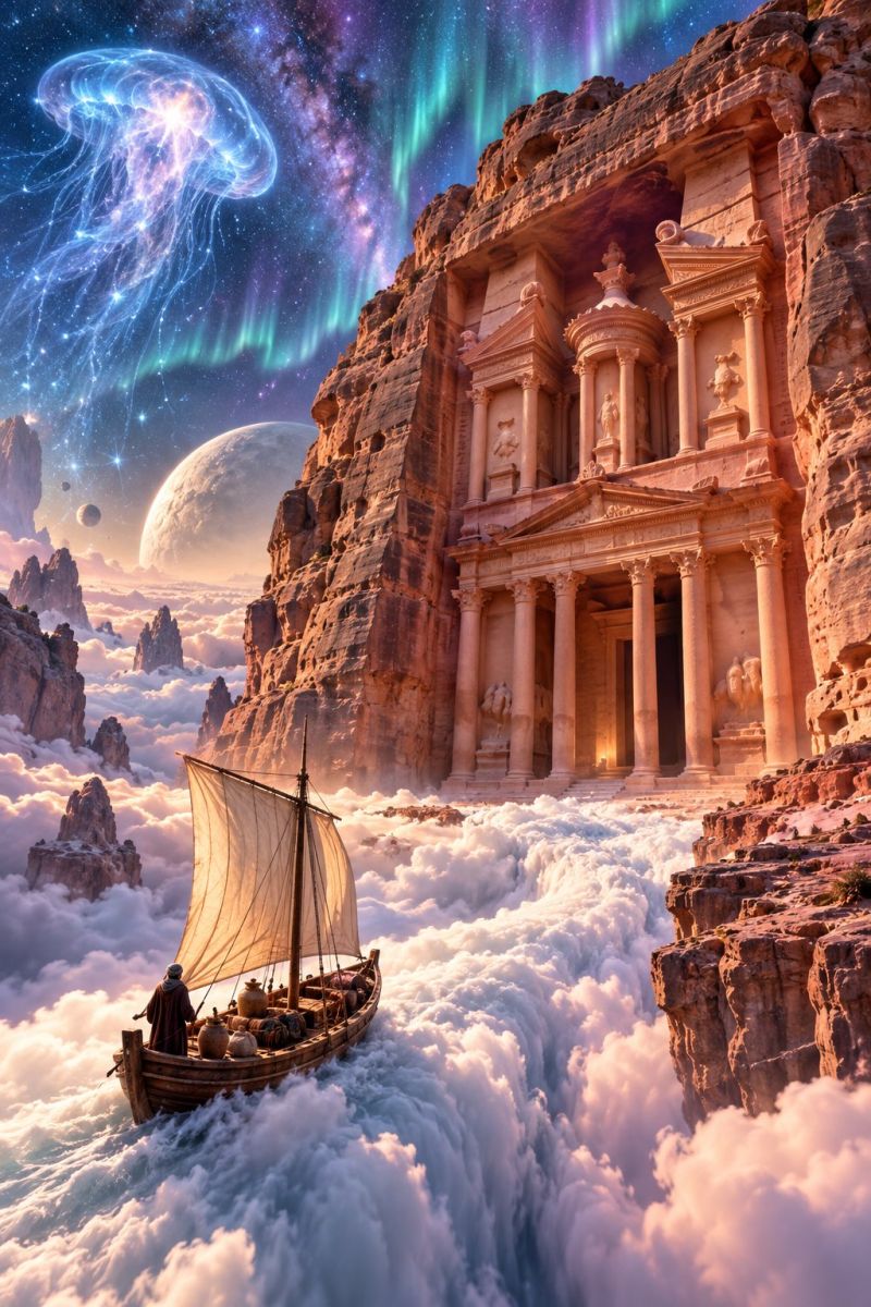 Bateau nuage nuages desert fantaisie fictif flottant casque barreur pilotage horizon imagination voyage montagne ocean caillou rocher voile Au premier plan, un petit bateau avec une voile blanche navigue à travers de épais nuages. Le bateau transporte une personne portant une longue robe et un chapeau, tenant une longue perche. Le bateau est entouré d'eau, et l'eau éclabousse. Sur le côté droit, il y a une grande formation rocheuse avec un temple sculpté dedans. Le temple a plusieurs colonnes et statues. Le ciel est rempli d'étoiles, et il y a une grande planète au loin. La planète est entourée d'un anneau de lumière. Le ciel a aussi une aurore verte et violette.