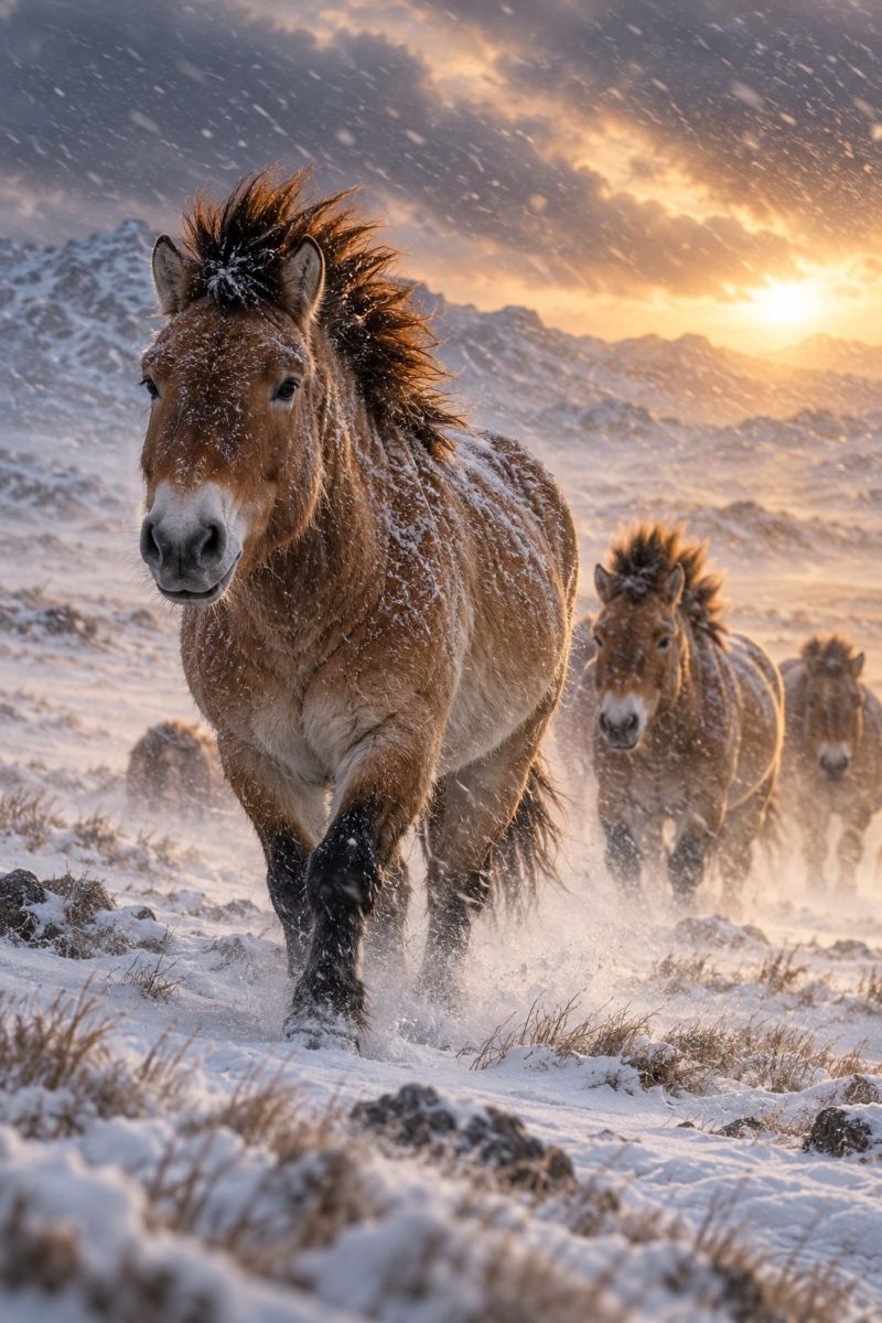 Horse snow wild running mountain winter nature animal outdoors freedom beauty adventure wildlife cold sunlight clouds grass rocks dust In a snowy landscape, a group of horses is running. The horse in the foreground has a thick mane and a white patch on its face. It is covered in snow and appears to be splashing through the snow. Behind it, two more horses are running, also covered in snow. The background shows a mountainous area with snow and a setting sun, casting a warm glow on the scene.
