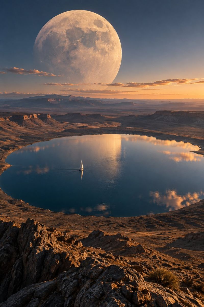 Lune lac bateau ciel eau reflet coucher soleil nuages montagnes horizon nature air soiree ombre rochers desert espace astronomie Un paysage serein est caractérisé par une grande pleine lune qui domine le ciel, projetant une douce lueur sur la scène. En contrebas, un lac paisible reflète la lumière de la lune et un petit voilier glisse doucement sur sa surface. Le lac est entouré d'un terrain accidenté et aride, avec des collines rocheuses et une végétation clairsemée. Le ciel passe d'un bleu profond à un orange chaud près de l'horizon, indiquant le lever ou le coucher du soleil. L'atmosphère générale est paisible et réfléchissante, la lumière de la lune créant une ambiance magique, presque surnaturelle.