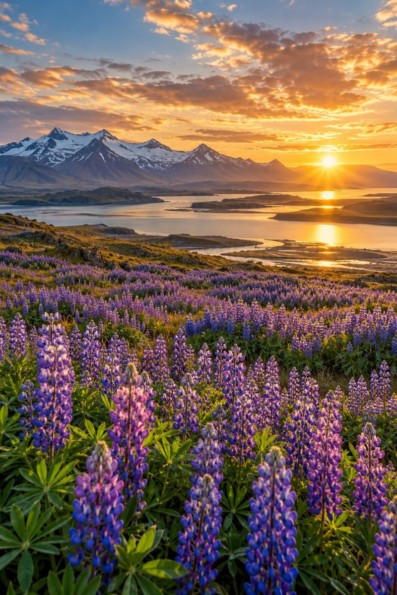 Lupins islandais soleil minuit image photographie magnifique prise précise montrant les méfaits sauvage des activités humaines sur la biodiversité sur la lupins islandais soleil minuit