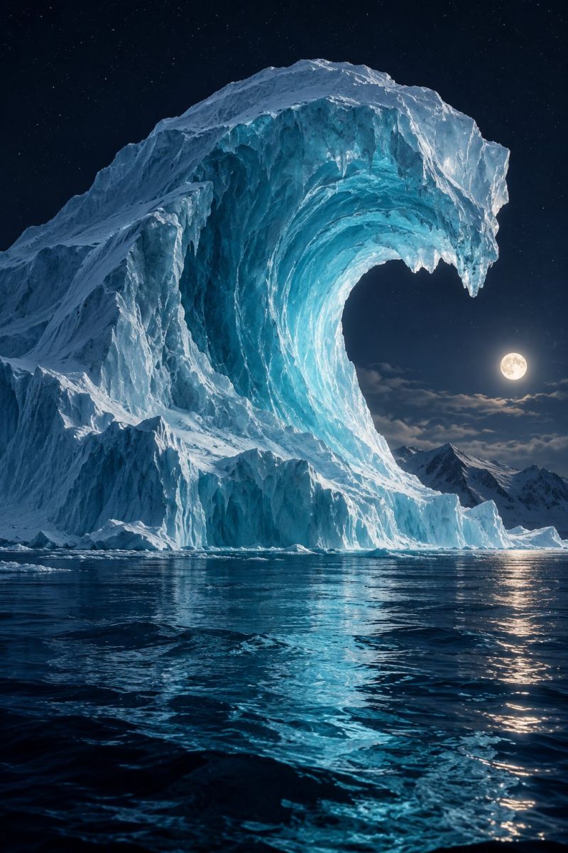 Iceberg ocean vague nuit lune ciel reflet eau montagne froid glacier polaire arctique antarctique nature obscurite beaute Un grand iceberg majestueux flotte dans l'océan sous un ciel nocturne. L'iceberg est d'un bleu profond, avec une vague en forme de coeur qui se brise à l'avant. La lune est pleine et brillante, projetant une douce lueur sur l'iceberg et les eaux environnantes. Au loin, des montagnes couvertes de neige ajoutent à l'atmosphère sereine et impressionnante de la scène.