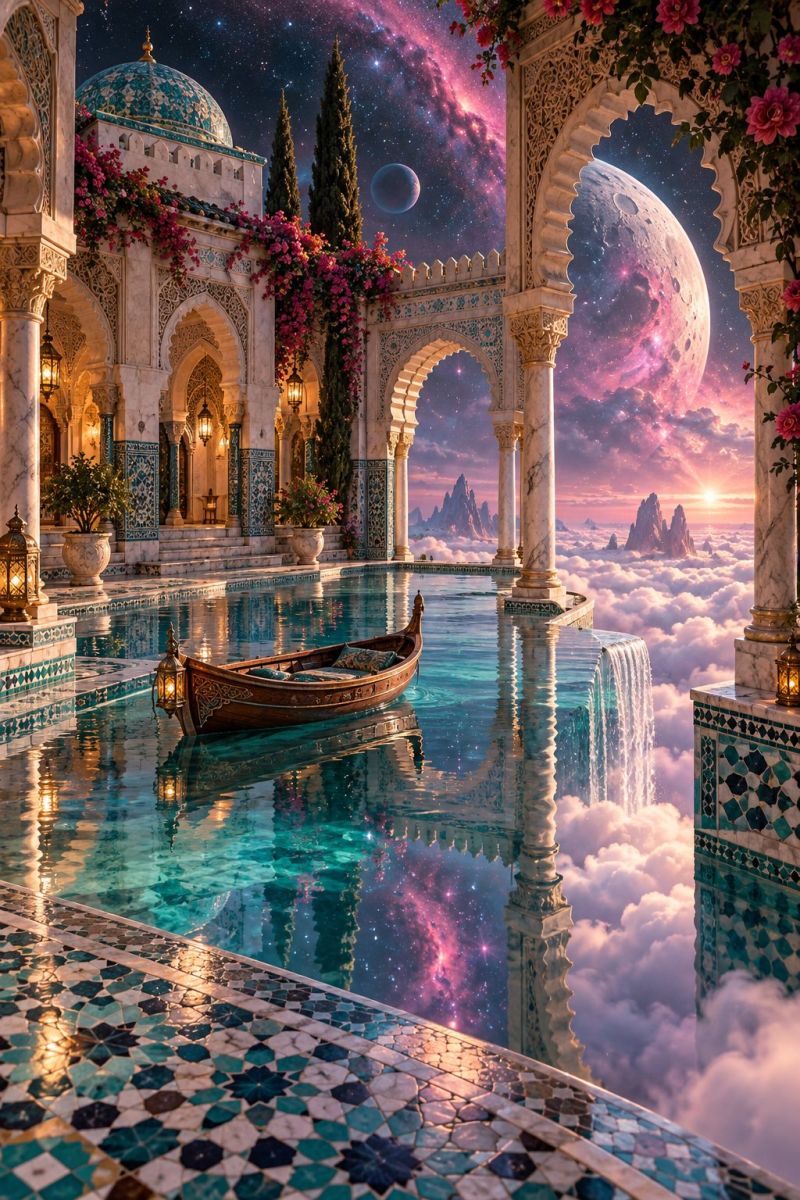 Architecture boat building cloud clouds decorative design fantasy flower flowers garden heaven heavenly imagination interior lamp luxury medieval pool In the center of the image, there is a serene pool of water with a small boat floating on it. The pool is surrounded by a beautifully designed marble walkway with intricate patterns. On the left side, there is a grand building with a dome-shaped roof, adorned with pink flowers and lush greenery. The building features arched doorways and windows, with lamps hanging from the ceiling. The sky above is a captivating blend of pink and purple hues, with a large moon and a distant planet visible. The scene is set against a back of clouds and mountains, creating a dreamlike atmosphere.