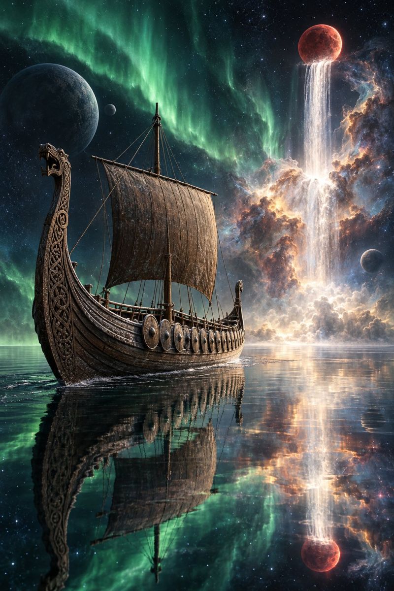 Viking vikings navire bateau Un drakkar viking navigue sur une étendue d'eau calme et réfléchissante sous un ciel nocturne rempli de corps célestes. Le navire présente des sculptures complexes sur ses flancs et des têtes de dragon aux deux extrémités. La voile est brune et attachée avec des cordes. En arrière-plan, des aurores boréales dans des tons de vert et de violet et une cascade de cascades lumineuses venant du ciel. Les planètes et les lunes sont visibles, avec une grande planète rouge en haut à droite et une autre en bas à droite. L'eau reflète le navire et le ciel, créant un effet miroir.