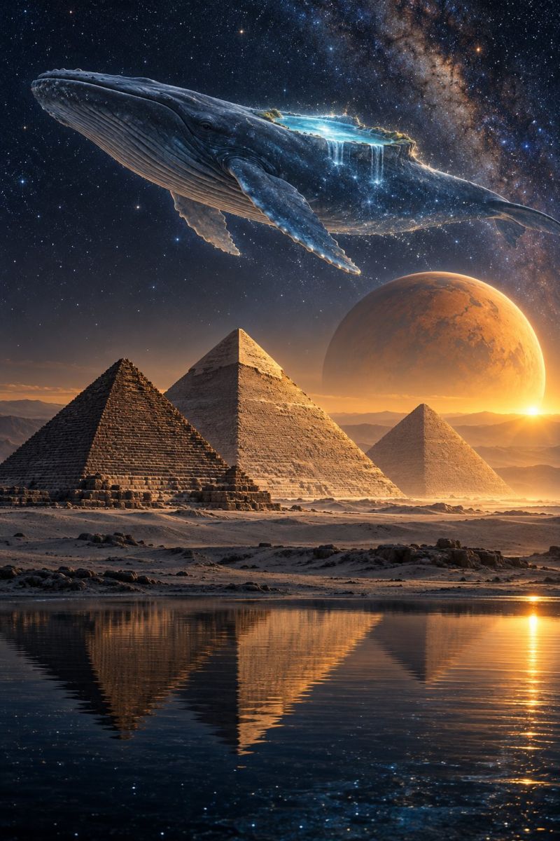 Pyramid desert sky water reflection sun sunrise sunset architecture ancient egypt civilization history monument building structure landmark wonder In the foreground, there is a serene body of water reflecting the sky and the pyramids. The pyramids are ancient, made of stone, and have a triangular shape. Above the pyramids, a large whale is flying, its body casting a shadow on the pyramids. The sky is filled with stars and a large, glowing planet. The planet is reddish-orange and appears to be setting, casting a warm glow on the scene. The overall atmosphere is mystical and otherworldly.