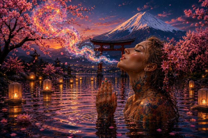 Femme eau tatouage fleurs montagne temple coucher soleil lanternes reflexion meditation nature fantaisie onirique surrealisme spiritualite beaute insp Une femme tatouée se trouve dans un plan d'eau, peut-être un lac, la tête inclinée vers le haut et les yeux fermés. Elle est entourée de lanternes flottantes et de cerisiers en fleurs. Derrière elle, il y a une montagne avec une structure ressemblant à un temple à sa base. Le ciel est un mélange de teintes orange et roses, suggérant l'aube ou le crépuscule. L'eau reflète les lumières des lanternes et du ciel, créant une atmosphère sereine et magique.