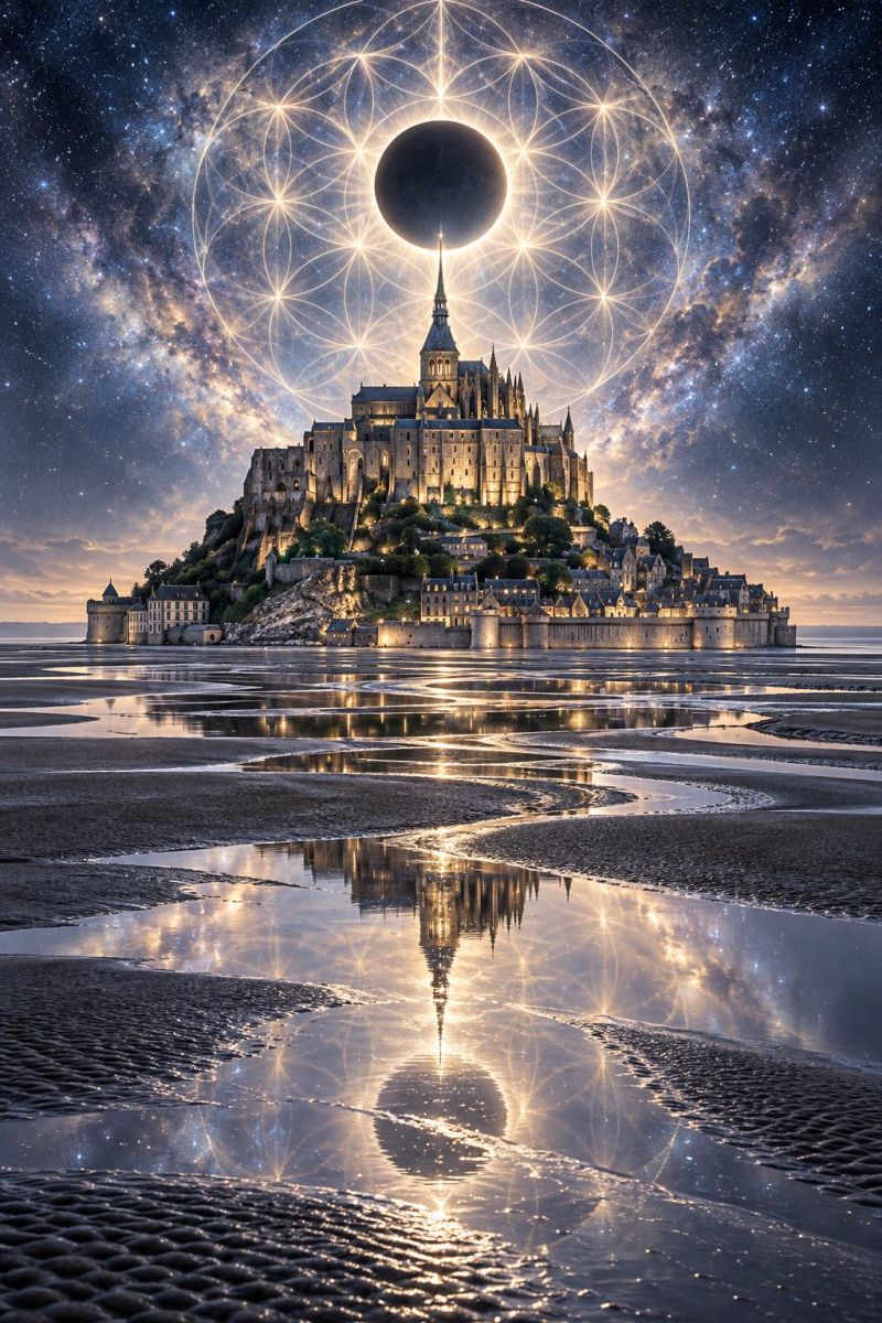 Castle architecture night sky reflection water building tower moon star dark space fantasy medieval gothic illumination geometric pattern majestic castle perched atop a rocky cliff, surrounded by a serene sea. The castle is illuminated by warm, golden light, casting a soft glow on the surrounding area. The sky above is a deep, dark blue, dotted with countless stars, creating a stunning night sky. In the center of the image, a large, circular geometric pattern with a black circle in the middle adds a mystical touch. The castle's reflection shimmers on the calm sea below, adding to the enchanting atmosphere. The scene is peaceful and awe-inspiring, with a sense of timeless beauty.