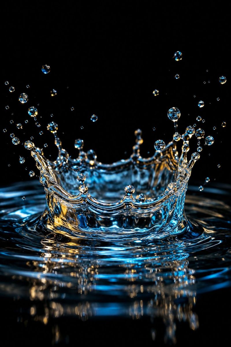 Eau eclaboussure liquide gouttelette Une gouttelette d'eau éclabousse l'eau, créant une forme de couronne avec des gouttelettes volant dans toutes les directions. L'eau est claire et bleue, reflétant la lumière qui crée un effet chatoyant. Le fond est sombre, ce qui souligne la nature lumineuse et dynamique de l'éclaboussure d'eau.
