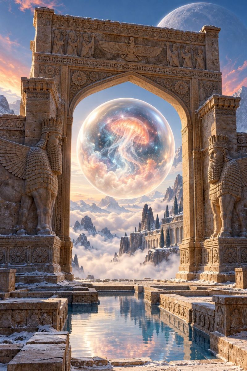Architecture bridge cloud clouds concept design fantasy fictional garden gate heaven imagination infinity mountain nature outdoors painting grand, ancient stone archway with intricate carvings, standing between two large stone statues of winged human-like figures. The archway frames a surreal scene of a glowing, translucent sphere filled with swirling, colorful patterns, possibly representing a nebula or cosmic event. The sphere is set against a back of a full moon and a dramatic sunset sky. Below the archway, there is a serene pool of water reflecting the sky and the surrounding landscape, which includes snow-capped mountains and a distant, misty horizon. The overall scene combines elements of ancient architecture with a fantastical, otherworldly atmosphere.