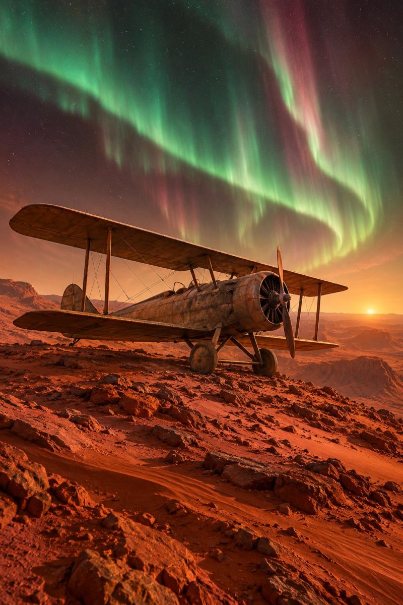 Ciel aurore nuit desert rochers montagnes coucher soleil vintage biplan helice poste pilotage roues atterrissage aventure exploration voyage imaginati Un vieux biplan à hélice est garé sur une surface rocheuse, peut-être dans le désert. L'avion a un aspect usé, avec de la rouille et de la saleté visibles sur sa carrosserie. Le ciel au-dessus est rempli des couleurs vives des aurores boréales, avec des nuances de vert, de rouge et de violet. Le soleil se couche à l'horizon, projetant une lueur chaleureuse sur l'avion et le paysage environnant. Le sol est recouvert de petits rochers et de sable, et la scène générale dégage une atmosphère surréaliste et surnaturelle.