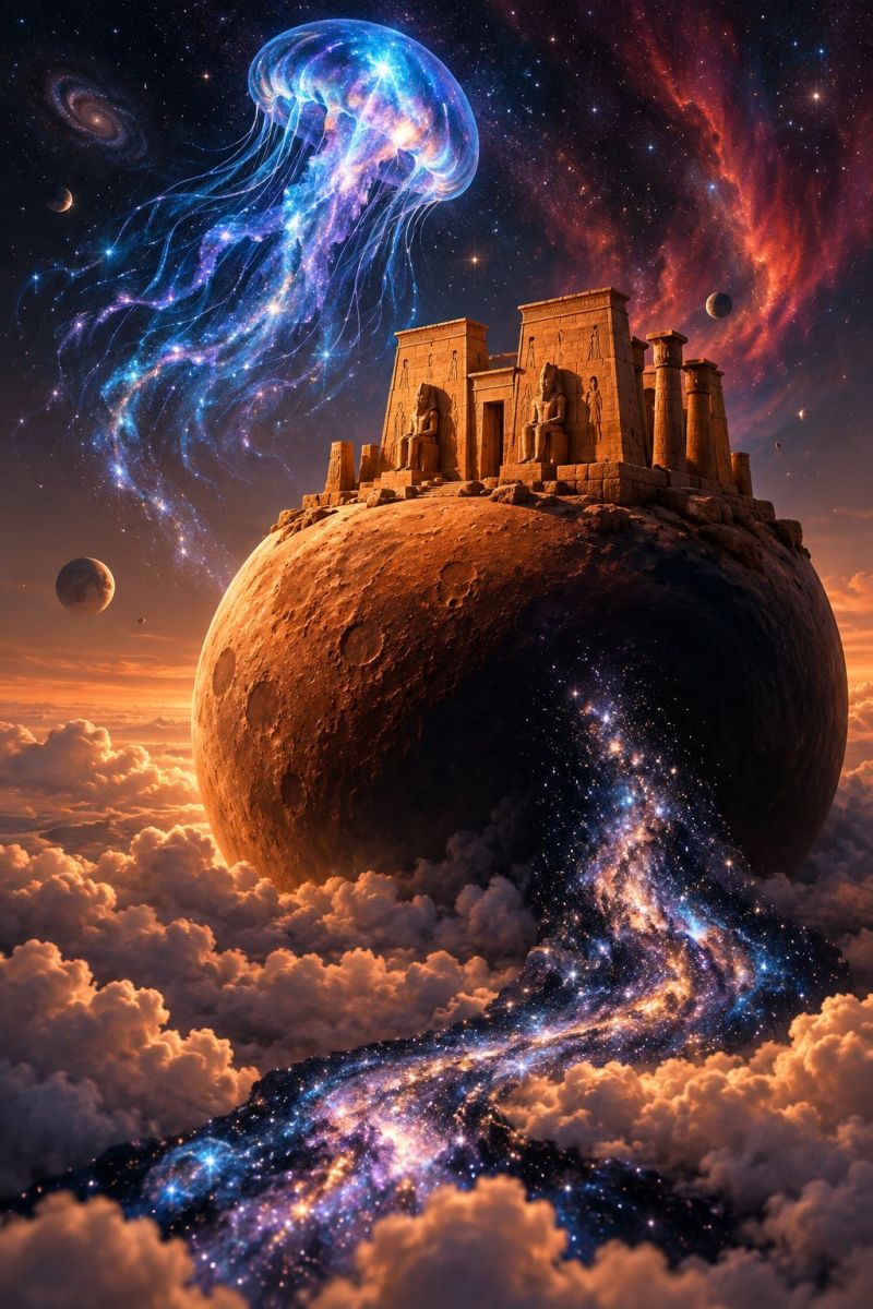 Space planet galaxy cloud sky universe star cosmos astronomy nebula spaceship celestial cosmic astronomical galactic outer starry night exploration An ancient Egyptian temple sits atop a large planet floating in space. The temple features statues of pharaohs and hieroglyphics. A glowing jellyfish floats nearby, its tentacles trailing behind it. The planet is surrounded by clouds and stars, with a galaxy visible in the background. The scene is surreal and otherworldly, blending elements of ancient history with futuristic and cosmic imagery.