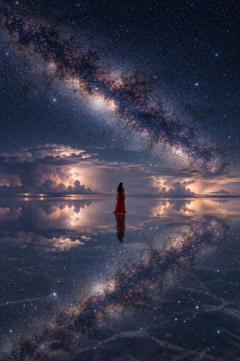 Night sky cloud lightning reflection water star galaxy universe space dark storm clouds nighttime A woman stands alone on a vast, flat surface, likely a salt flat, under a night sky filled with stars and the Milky Way. She wears a red dress and appears to be gazing at the sky. The sky is a deep blue, dotted with countless stars, and the Milky Way stretches across it, glowing with a soft, ethereal light. The reflection of the sky and stars is mirrored on the flat surface below her, creating a surreal and almost magical scene. In the distance, there are storm clouds, and a bolt of lightning illuminates the sky, adding a dramatic touch to the image.