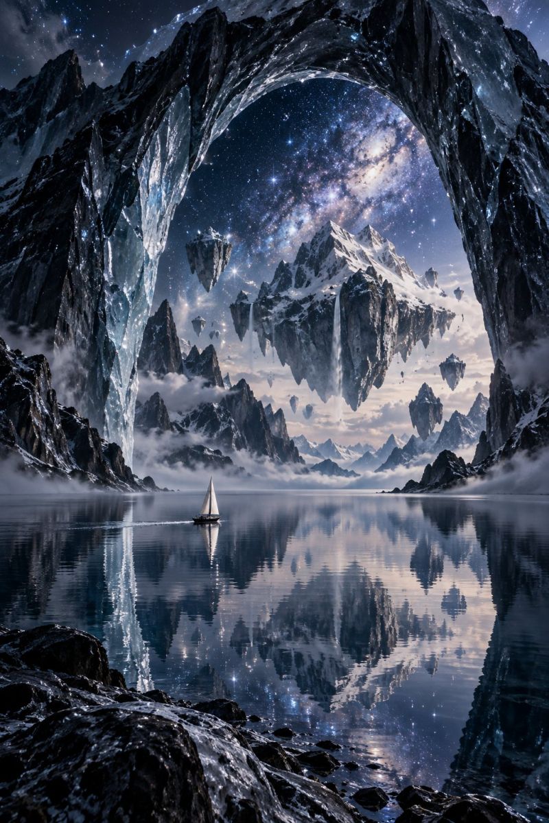 Bateau eau reflexion montagne nuit ciel etoiles galaxie glace roche nuage grotte brume brouillard cascade neige falaise ocean mer Au centre de l'image, un petit voilier à voile blanche survole un lac bleu foncé serein. Le lac est entouré de falaises rocheuses et de montagnes escarpées, dont certaines sont couvertes de neige. Le ciel au-dessus est une nuit étoilée et profonde, avec une Voie lactée brillante et brillante qui s'étend à l'horizon. L'eau reflète le paysage environnant et le ciel étoilé, créant un effet miroir. La scène est à la fois tranquille et surnaturelle, avec un sentiment d'immensité et de mystère.