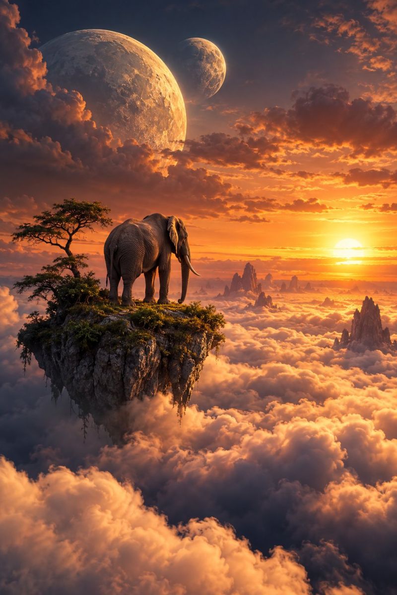 Elephant island clouds sunset moon sky nature wildlife fantasy imagination majestic majesty conservation An elephant stands on a small, rocky island floating above a sea of clouds. The island has a single tree growing on it. The sky is a mix of orange and blue hues, indicating either a sunrise or sunset. Two moons are visible in the sky, one larger and closer, and the other smaller and further away. The sun is setting on the right side of the image, casting a warm glow over the scene. In the distance, there are rocky formations and mountains.