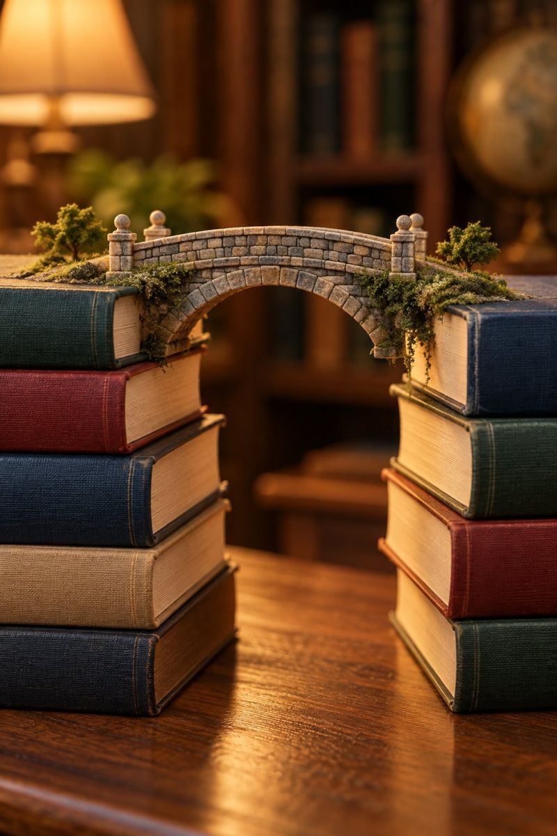 Pont pierre suspendu entre livres image magnifique prise précise montrant les méfaits sauvage des activités humaines sur la biodiversité sur la pont pierre suspendu entre des livres