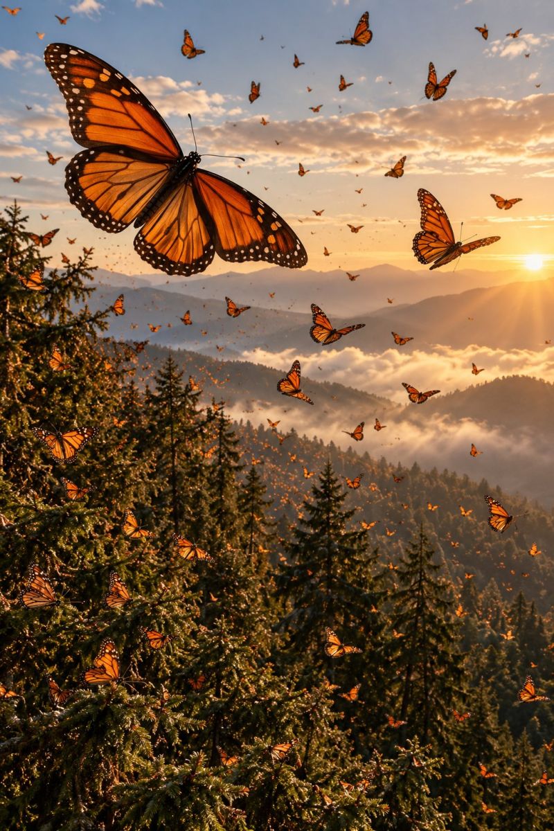 Butterfly butterflies insect insects nature wildlife forest mountain sky clouds sunset orange yellow green trees flight flying meadow meadows A vibrant scene of numerous monarch butterflies fluttering in the sky above a lush forest. The butterflies, with their distinctive orange and black wings, are scattered across the sky, some flying in a loose formation while others are individually soaring. The forest below is dense with tall, evergreen trees, their branches and leaves creating a rich green backdrop. The sky is a mix of soft blues and warm hues from the setting sun, casting a golden light over the scene. In the distance, mountains are faintly visible, adding to the serene and picturesque landscape.