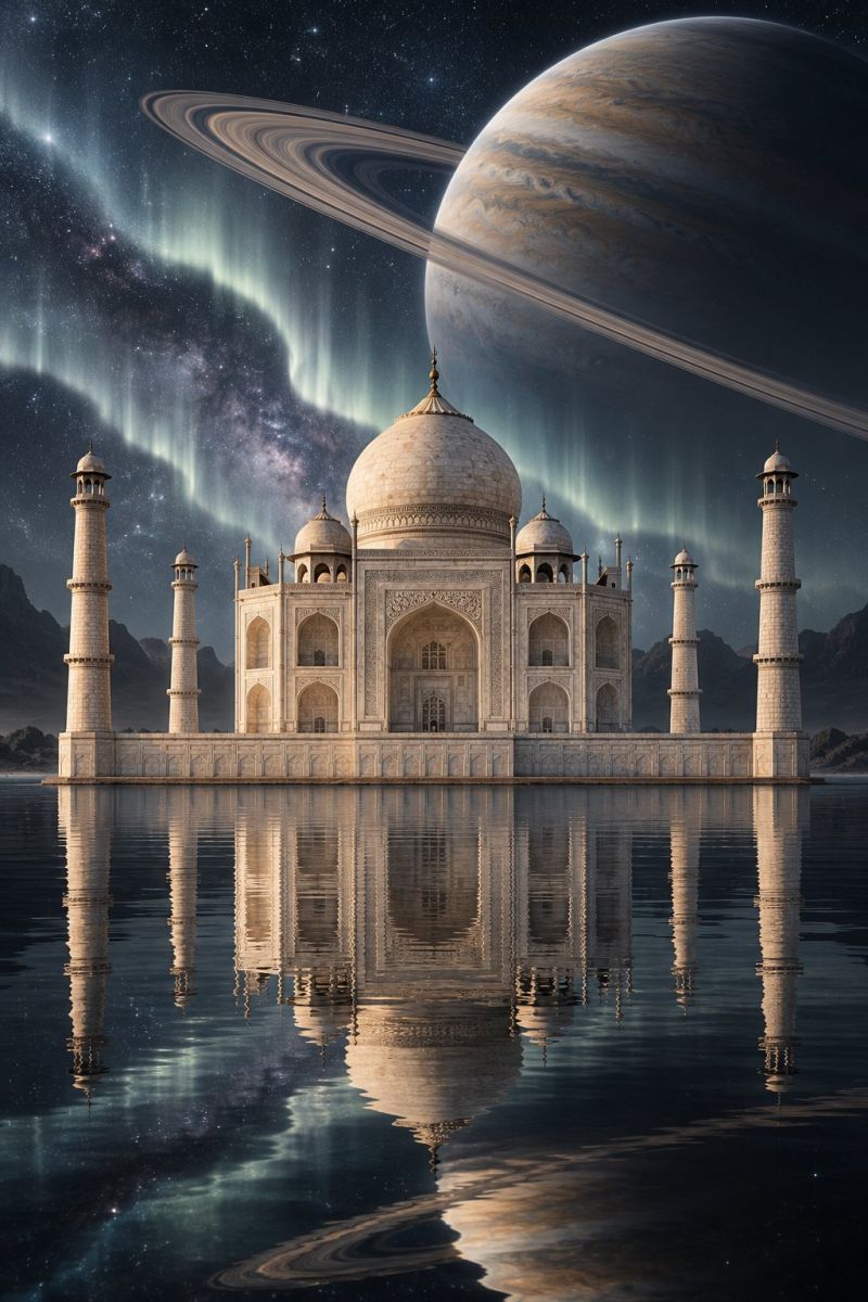 Architecture building dome marble night reflection sky space structure tower water ancient astronomy cosmos creativity taj mahal The image features the Taj Mahal, a white marble mausoleum, standing majestically on the banks of a serene body of water. The reflection of the Taj Mahal and its surrounding structures is mirrored perfectly on the water's surface. In the background, a large planet with prominent rings is visible, accompanied by a vibrant aurora borealis effect. The sky is a deep, dark blue, dotted with stars, and there are hints of a galaxy in the distance. The scene is set against a back of mountains, adding to the majestic and otherworldly atmosphere.