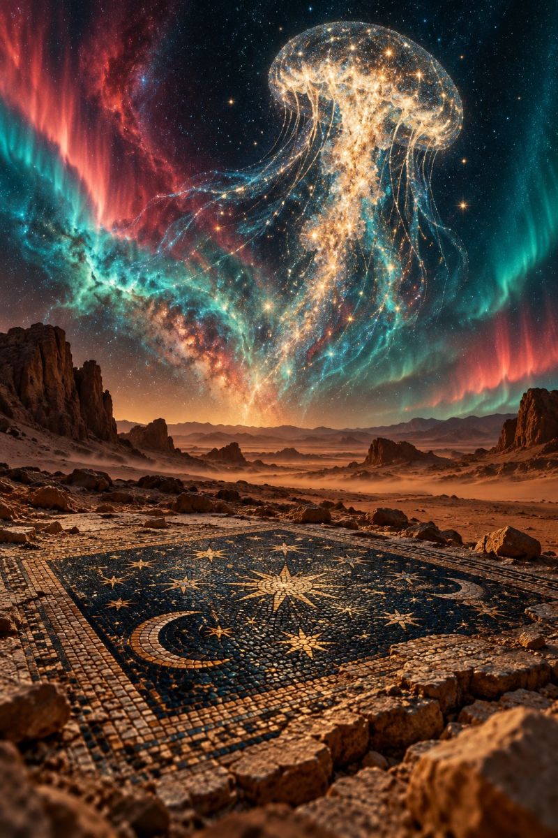 Desert night sky space stars aurora rock rocks rocky mosaic pattern floor flooring tiles tile tiled tilework geometric geometrical In the foreground, there is a large, intricate mosaic on the ground, featuring a central golden star surrounded by smaller stars, a crescent moon, and other celestial symbols. The mosaic is set against a back of a desert landscape with scattered rocks and dunes. Above the mosaic, the sky is a breathtaking display of cosmic elements. A glowing jellyfish-like creature floats majestically, its body shimmering with a spectrum of colors, including gold, blue, and green. The sky is filled with vibrant, swirling colors of red, green, and blue, reminiscent of auroras, creating a surreal and otherworldly atmosphere. The scene is set against a back of distant mountains and a setting sun, casting a warm glow over the entire landscape.
