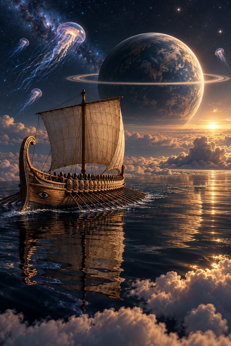 Spaceship space ship An ancient Viking ship sails through a surreal, otherworldly sea. The ship has a dragon head at the bow and is adorned with shields and oars. The sea is calm, reflecting the sky and clouds above. In the background, a large planet with rings and a setting sun is visible, with jellyfish floating in the sky. The scene is filled with a mix of ancient and futuristic elements, creating a fantastical atmosphere.
