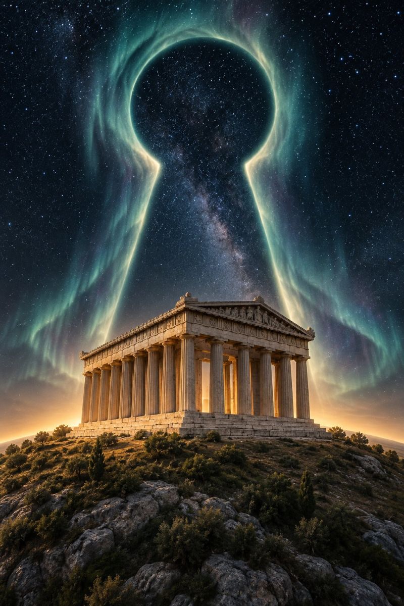 Architecture astronomy aurora building classical temple n ancient Greek temple, the Parthenon, situated on a rocky hill under a night sky filled with stars. The temple has a rectangular base with a triangular pediment at the front, supported by a row of columns. The sky is dark blue, dotted with stars, and features a large, glowing keyhole shape with green and yellow hues, possibly representing a cosmic phenomenon. Auroras, or northern lights, in shades of green and yellow, are visible in the sky, adding a mystical touch to the scene. The temple is illuminated by the soft light of the setting sun, casting a warm glow on the structure and the surrounding landscape.