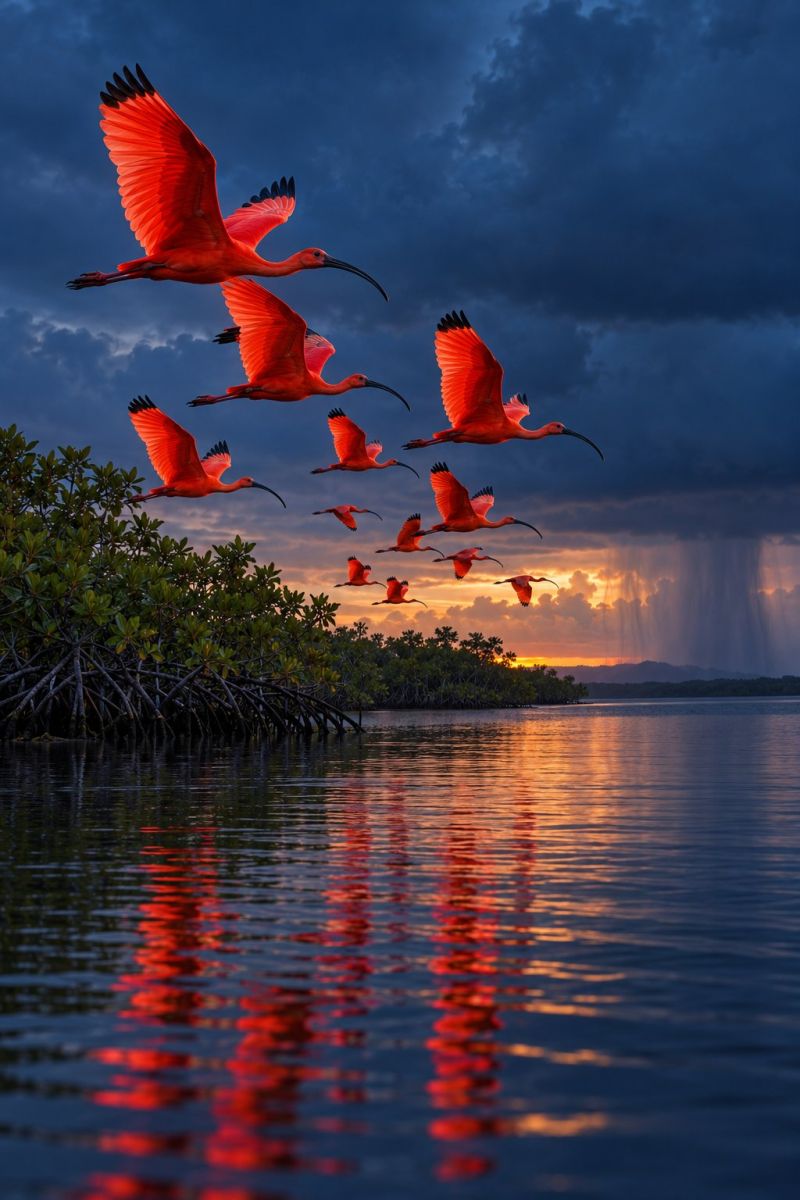 Oiseaux vol ciel eau reflet faune nature coucher soleil nuages rivage arbres zone humide flamant rose migration soiree environnement Une volée de flamants roses aux plumes rouges éclatantes vole en forme de V au-dessus d'un plan d'eau serein. Le ciel est un mélange de bleu profond et d'orange, suggérant un lever ou un coucher de soleil. L'eau reflète les flamants roses et le ciel, créant un effet miroir. À l'arrière-plan, il y a des arbres et des buissons d'un vert luxuriant et une silhouette lointaine de montagnes. La scène est paisible et pittoresque, et le vol gracieux des flamants roses ajoute à la beauté du moment.
